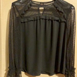 LOFT Black sheer dot ruffle blouse
